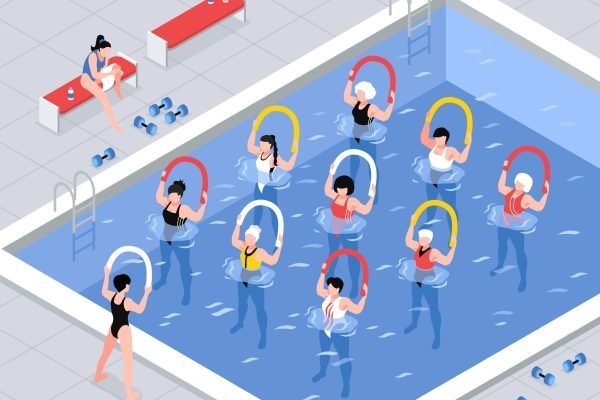 Water aerobics class women group during exercises with equipment in pool isometric vector illustration